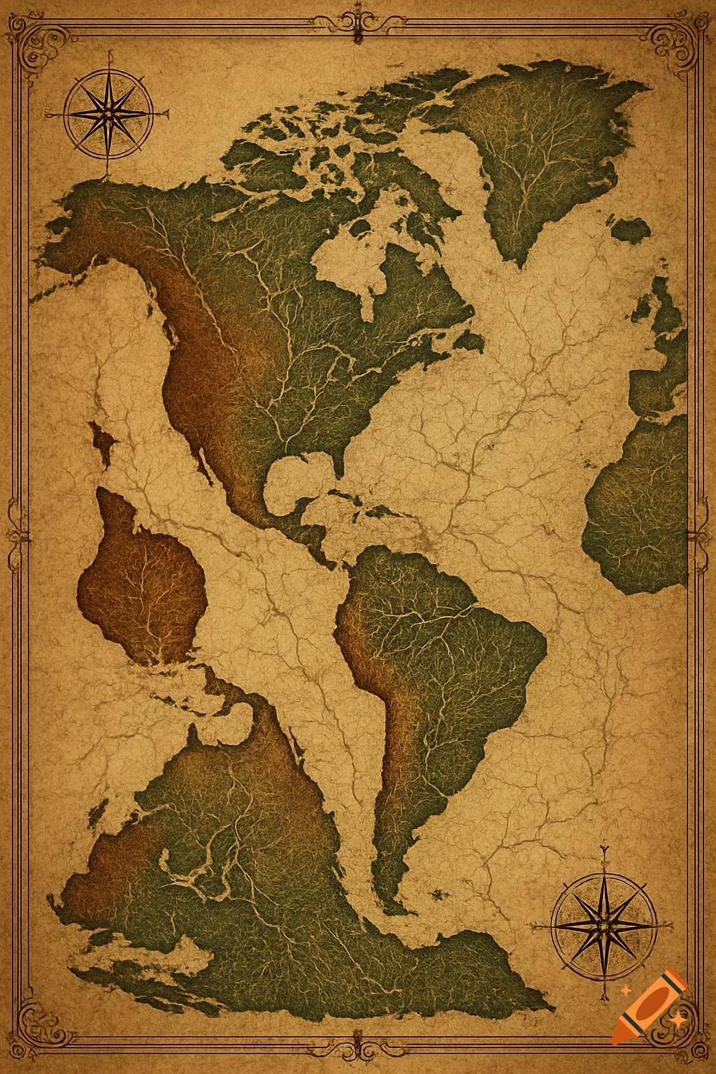 An antique-style world map with North and South America inverted, featuring textured landmasses and cracked parchment oceans.