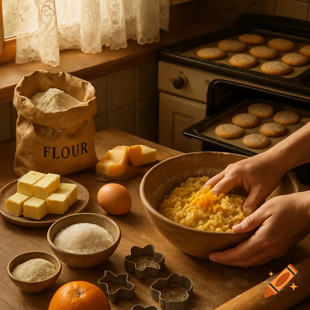 Close-up of hands mixing ingredients in a wooden bowl on a kitchen counter with a bag of flour, butter, eggs, sugar, and cookie cutters, with baking sheets of cookies in an oven in the background.