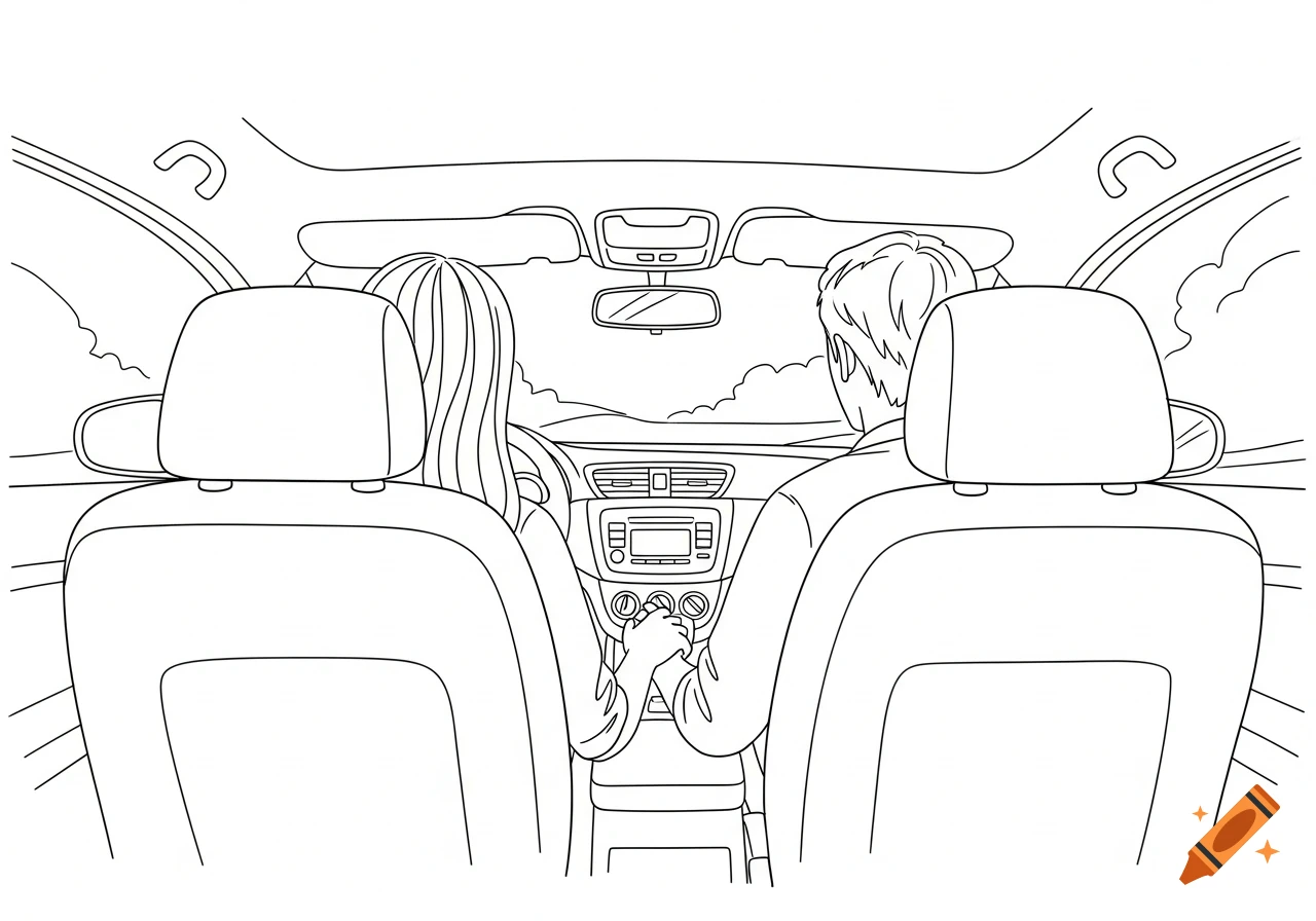 Line art doodle of a man and woman seen from the back, driving in a car.