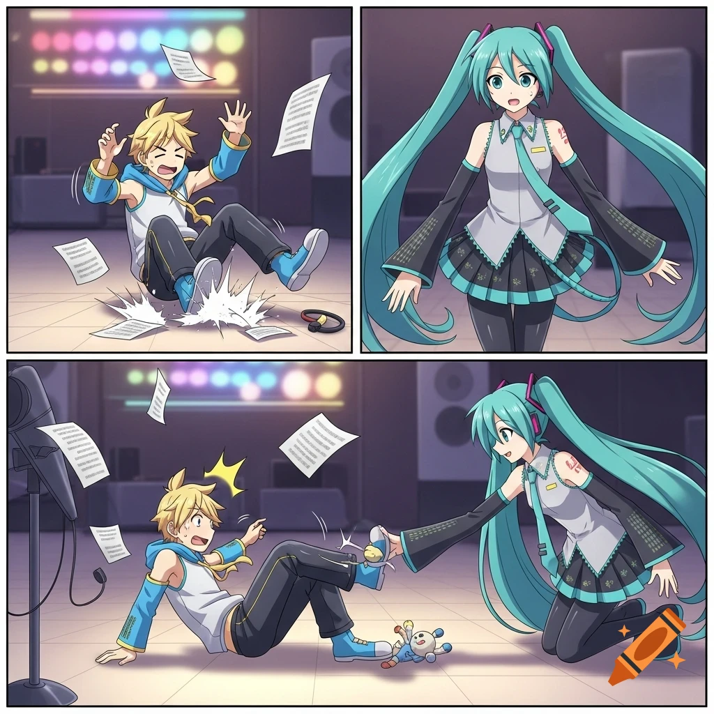 Kagamine Len trips over a toy, dropping music sheets, as Hatsune Miku approaches to help in an anime comic.