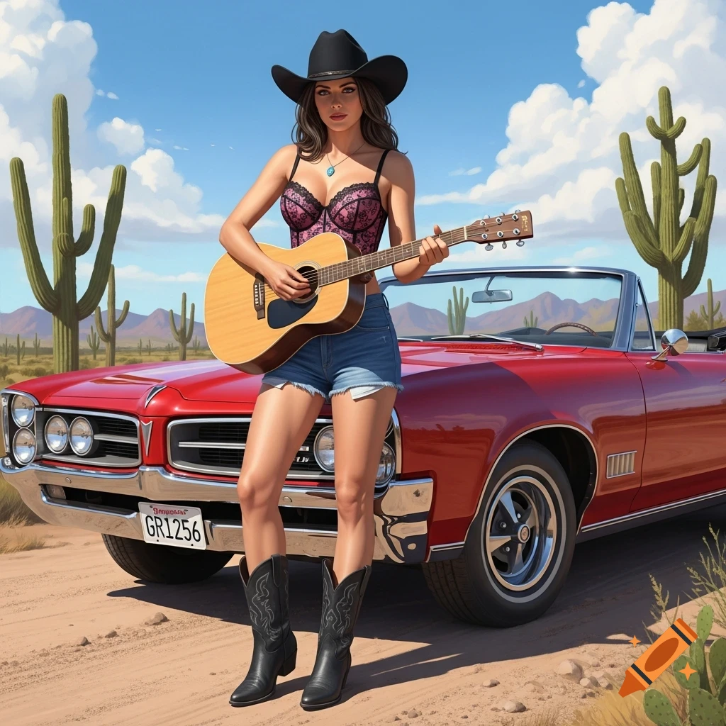 A woman in a cowboy hat, lace bustier, denim shorts, and boots plays a guitar in front of a red convertible on a desert road with cacti.