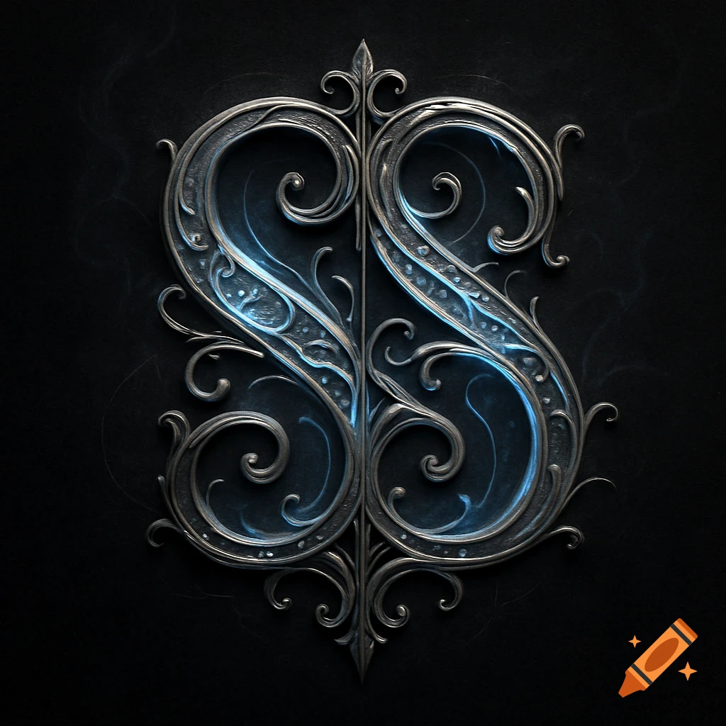 An ornate dark silver sigil of two stylized letters 'S' back to back, glowing with blue light against a dark textured background.
