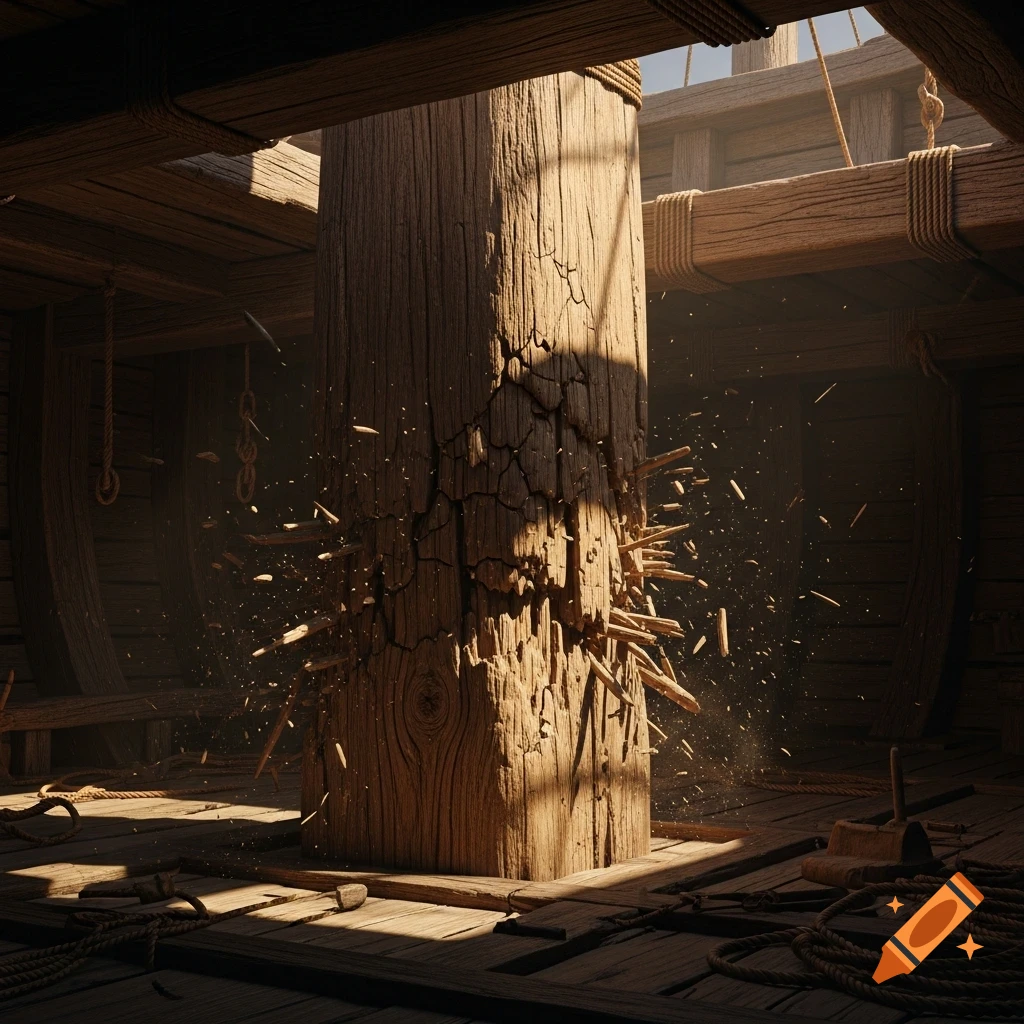A large wooden beam inside a ship cabin, severely cracked and breaking, with splinters flying, illuminated by sunlight.