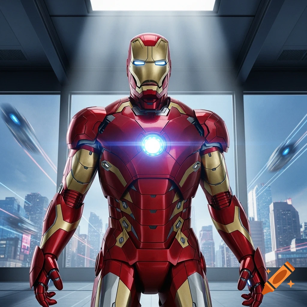 A photorealistic Iron Man Mark 6 suit stands in a futuristic room overlooking a city with flying drones.