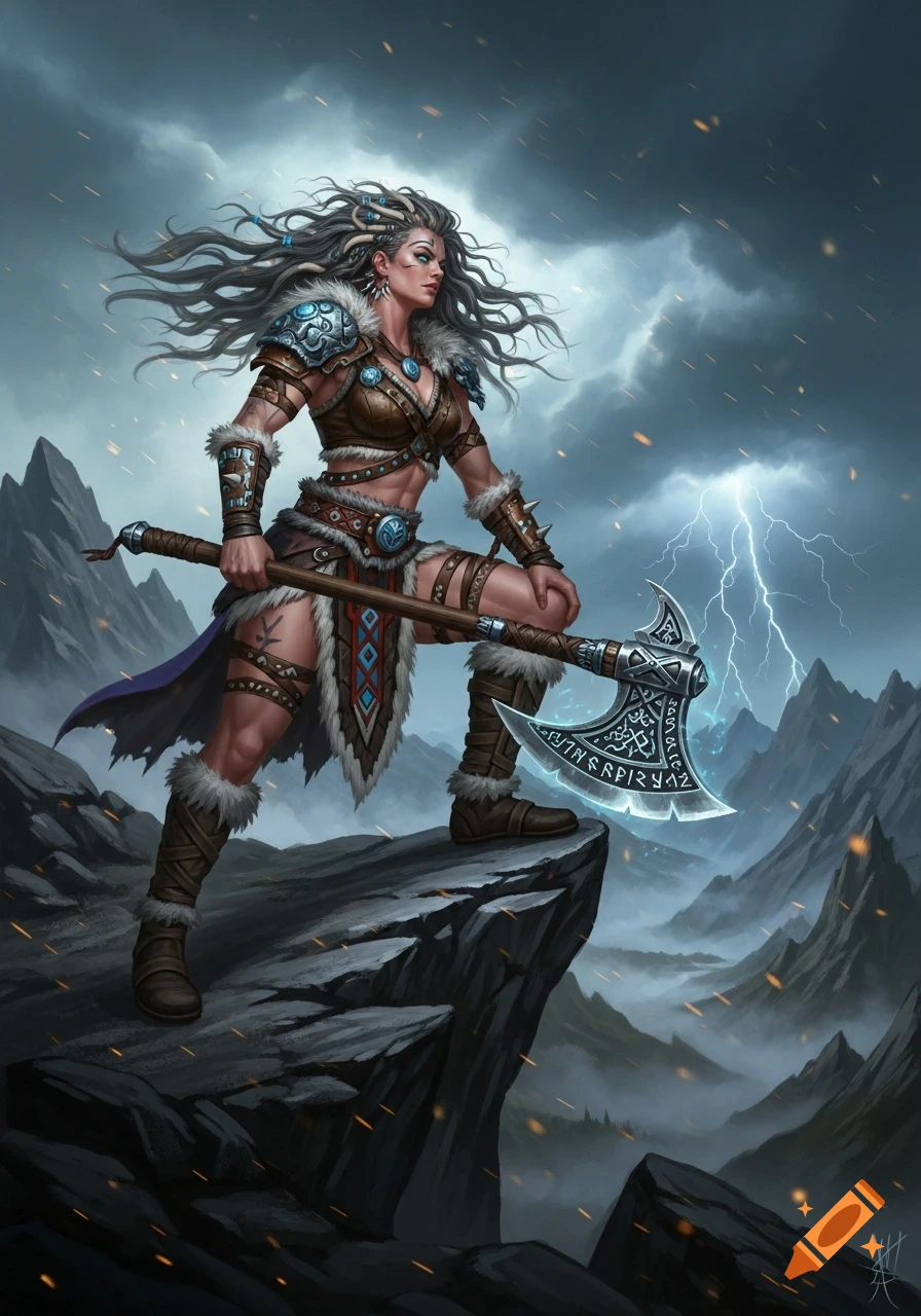 A powerful female barbarian warrior with a glowing runic axe stands on a cliff overlooking misty mountains under a stormy sky.