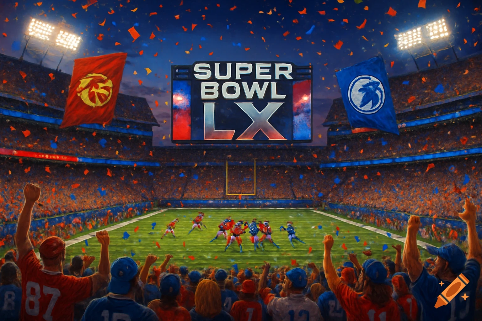 Vibrant view of a Super Bowl stadium with cheering fans, a game on the field, and confetti. Scoreboard reads "SUPER BOWL LX".