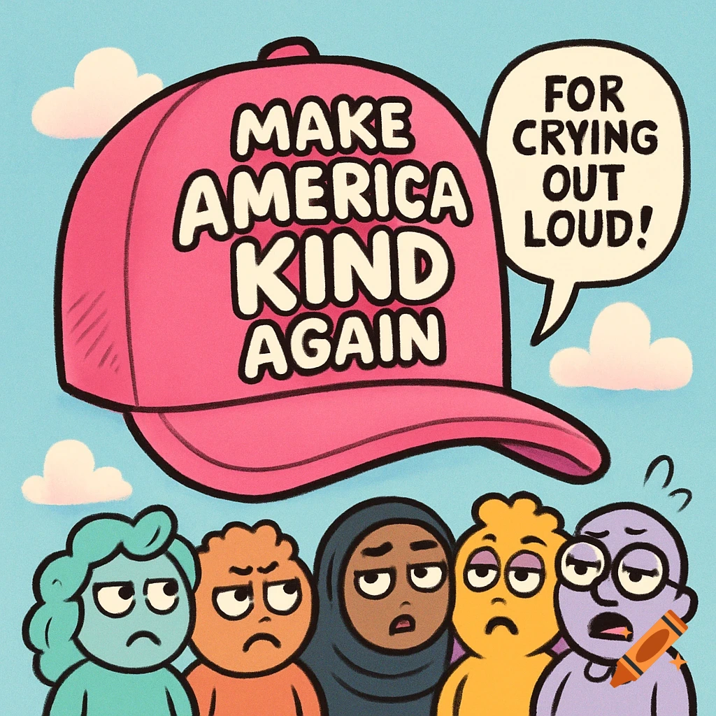 A cute cartoon shows a pink hat saying "MAKE AMERICA KIND AGAIN" above five diverse, upset cartoon people, one with a speech bubble "FOR CRYING OUT LOUD!"