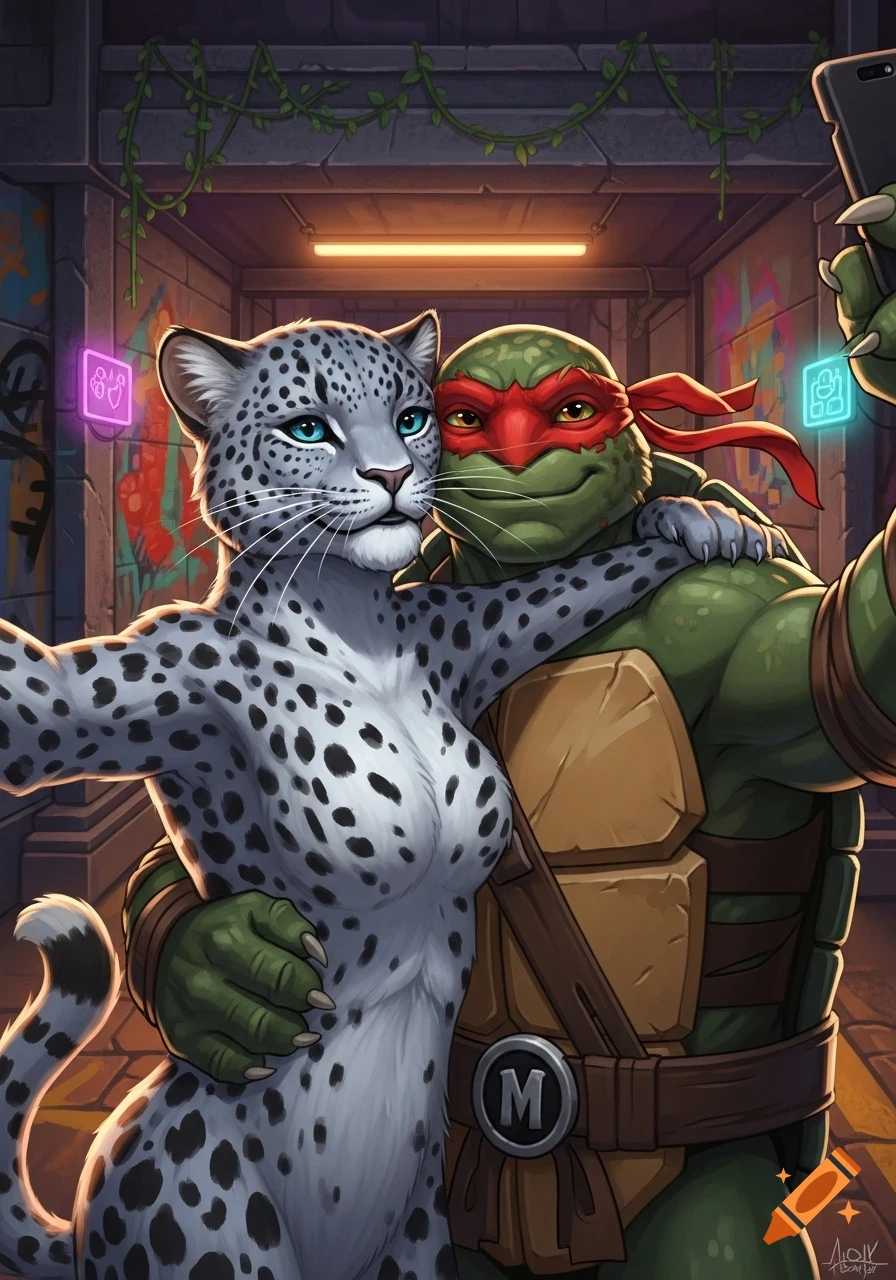 Raphael from TMNT hugging a humanoid leopardess for a selfie in a graffiti-covered sewer tunnel, in a vibrant cartoon style.