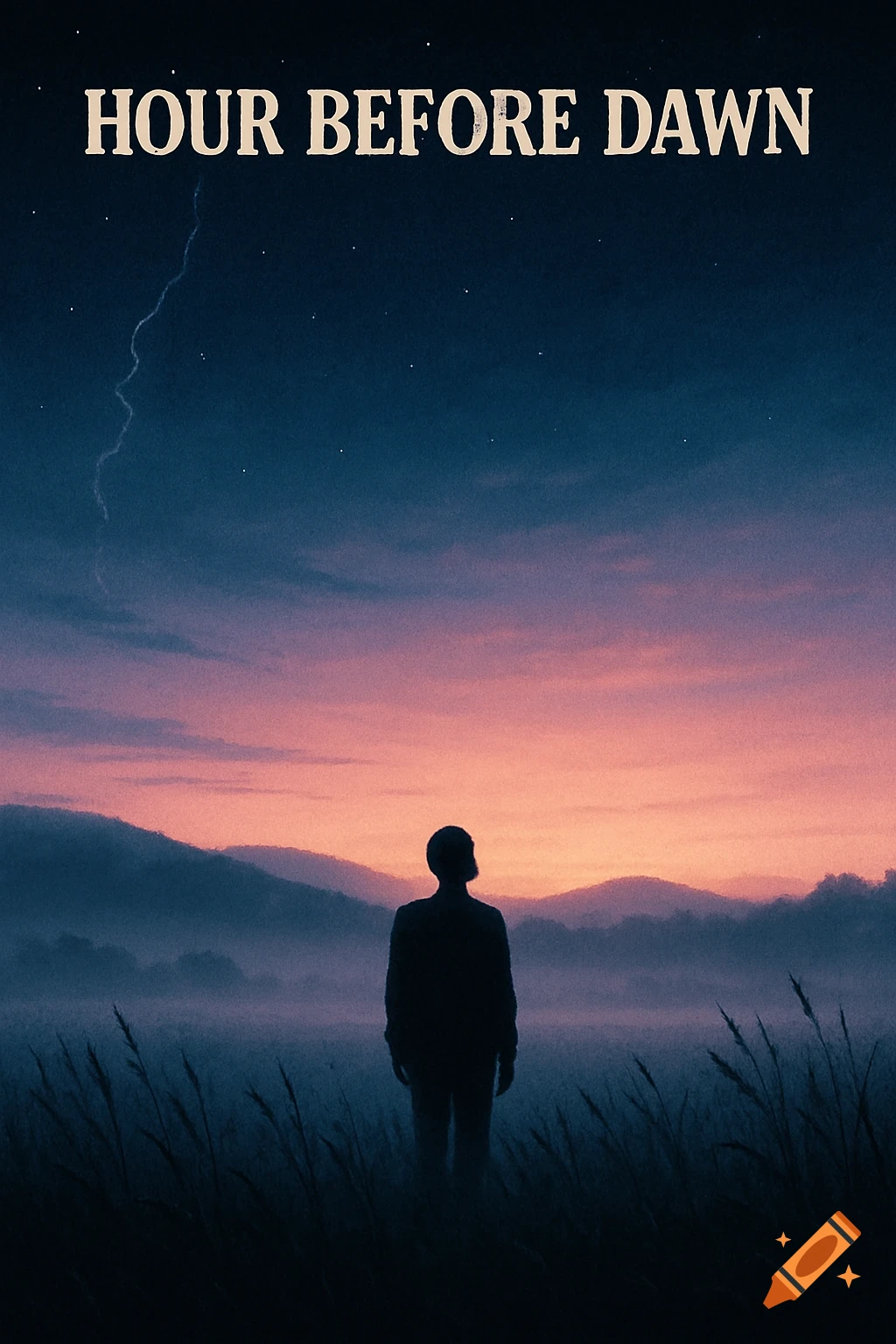 A silhouette of a person standing in a field at twilight, with a colorful sky, mountains, and text "HOUR BEFORE DAWN" above.