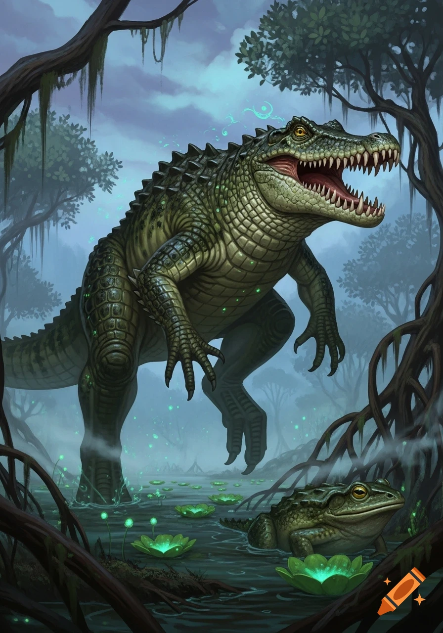 A large, scaly, green crocodile-dinosaur hybrid with glowing details stands in a misty swamp beside a frog and luminous lily pads.
