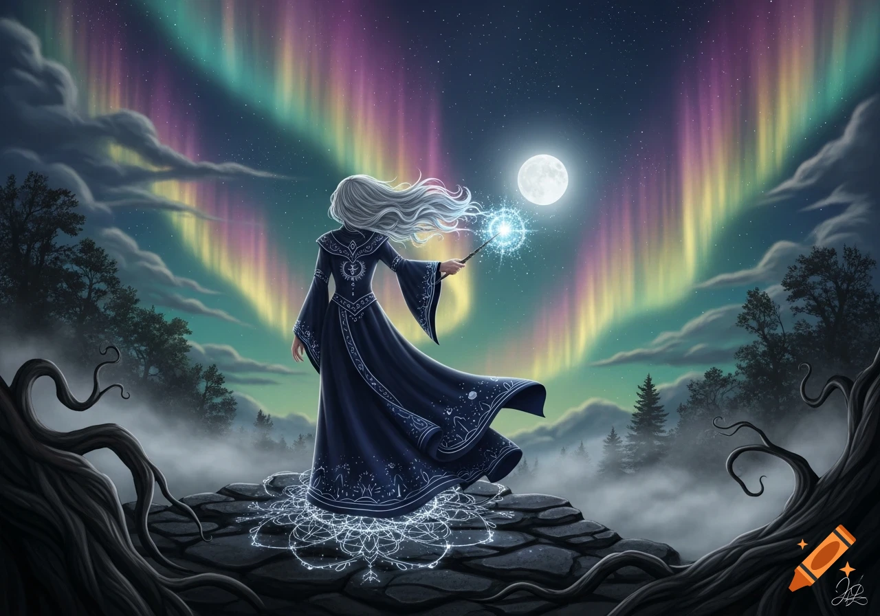 A witch with long white hair in a dark blue robe stands on a rocky outcrop, casting a glowing spell under a full moon and vibrant aurora borealis.
