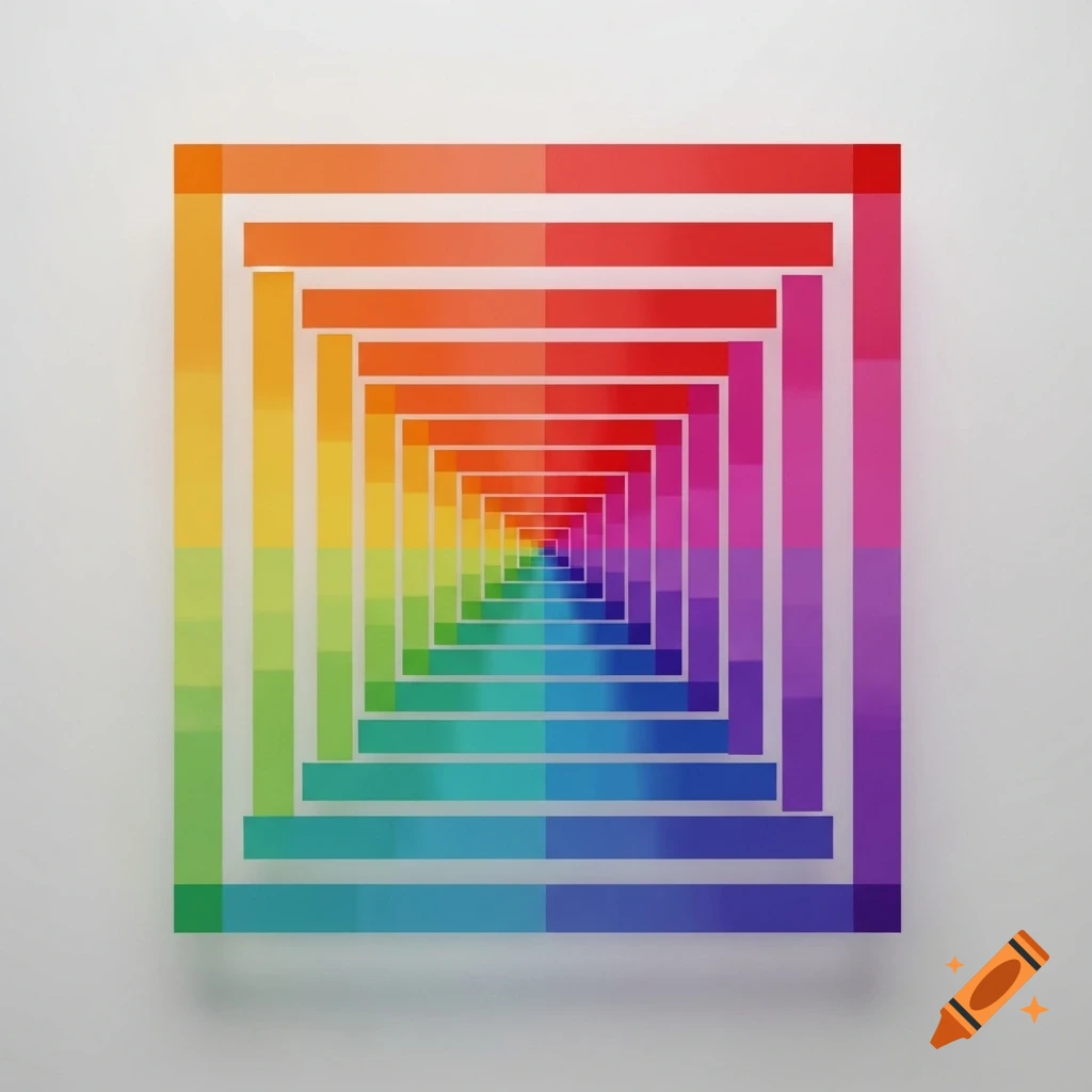 An optical illusion of concentric squares forming a rainbow-colored tunnel against a white background.