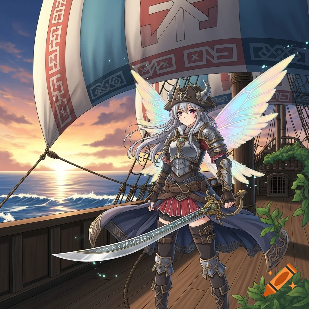 An anime-style fairy pirate girl with white hair and iridescent wings stands on a ship deck at sunset, holding a sword.