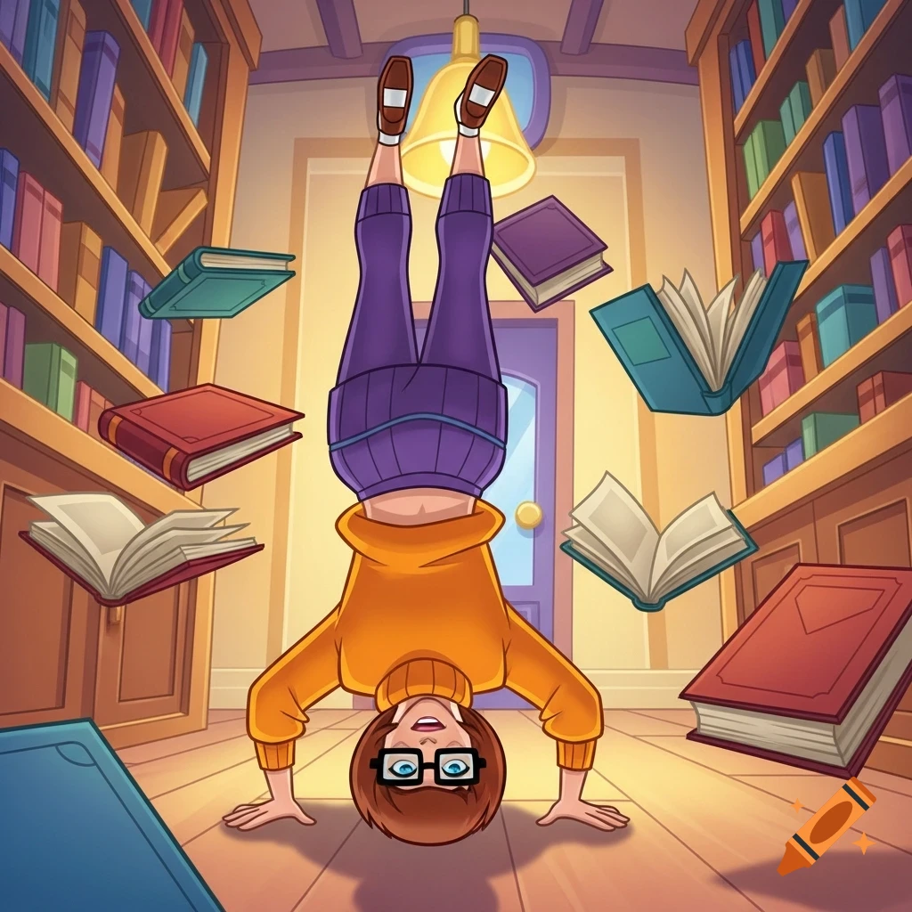 Velma from Scooby-Doo does a handstand amidst floating books in a colorful 2D cartoon library.