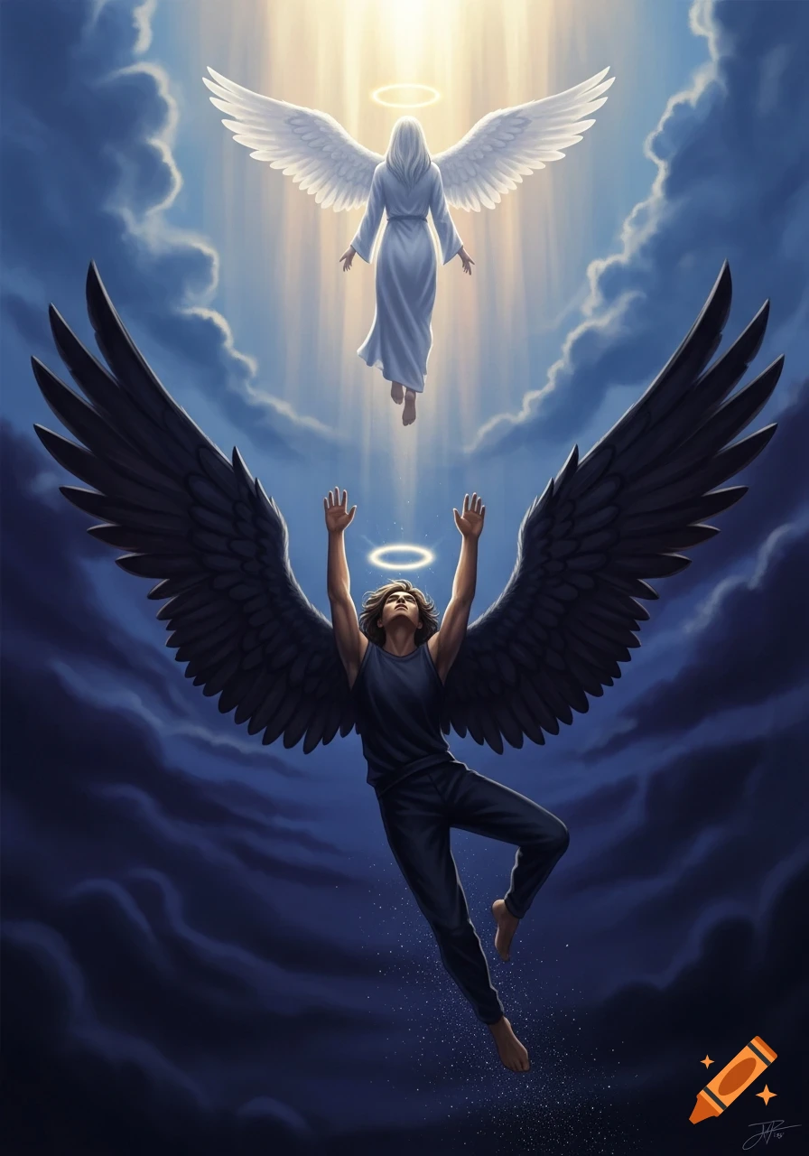 A dark-winged figure falls into darkness, reaching up towards a white-winged angel ascending into bright light in a dramatic digital painting.