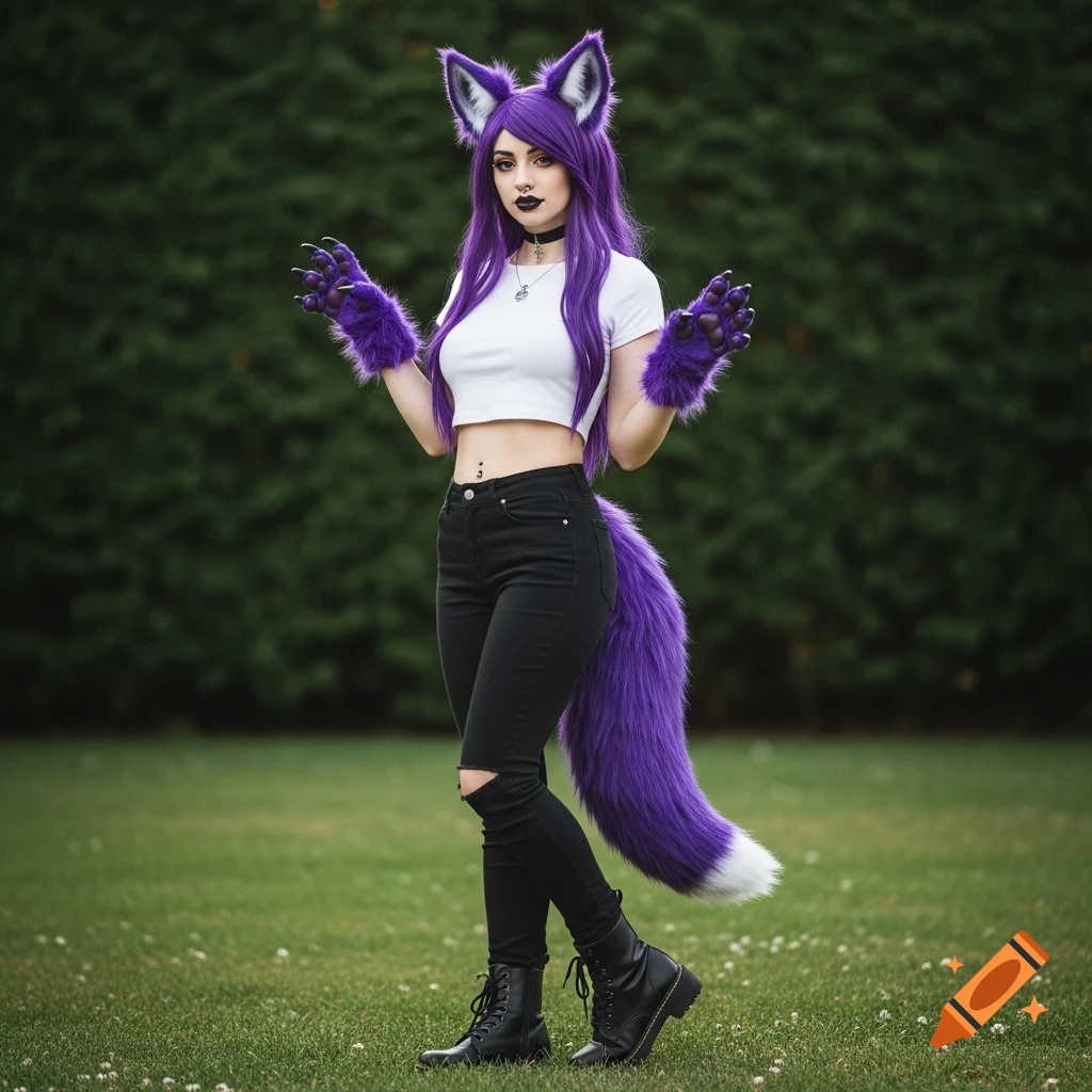 A woman with purple hair, wolf ears, tail, and furry gloves stands in a grassy field wearing a white crop top, black ripped jeans, and black boots.