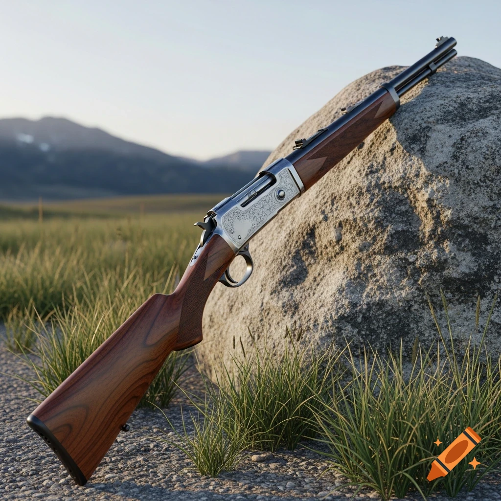 A photorealistic image of a Winchester Model 94 rifle with a wooden stock and silver receiver leaning against a large rock in a grassy, mountainous landscape.
