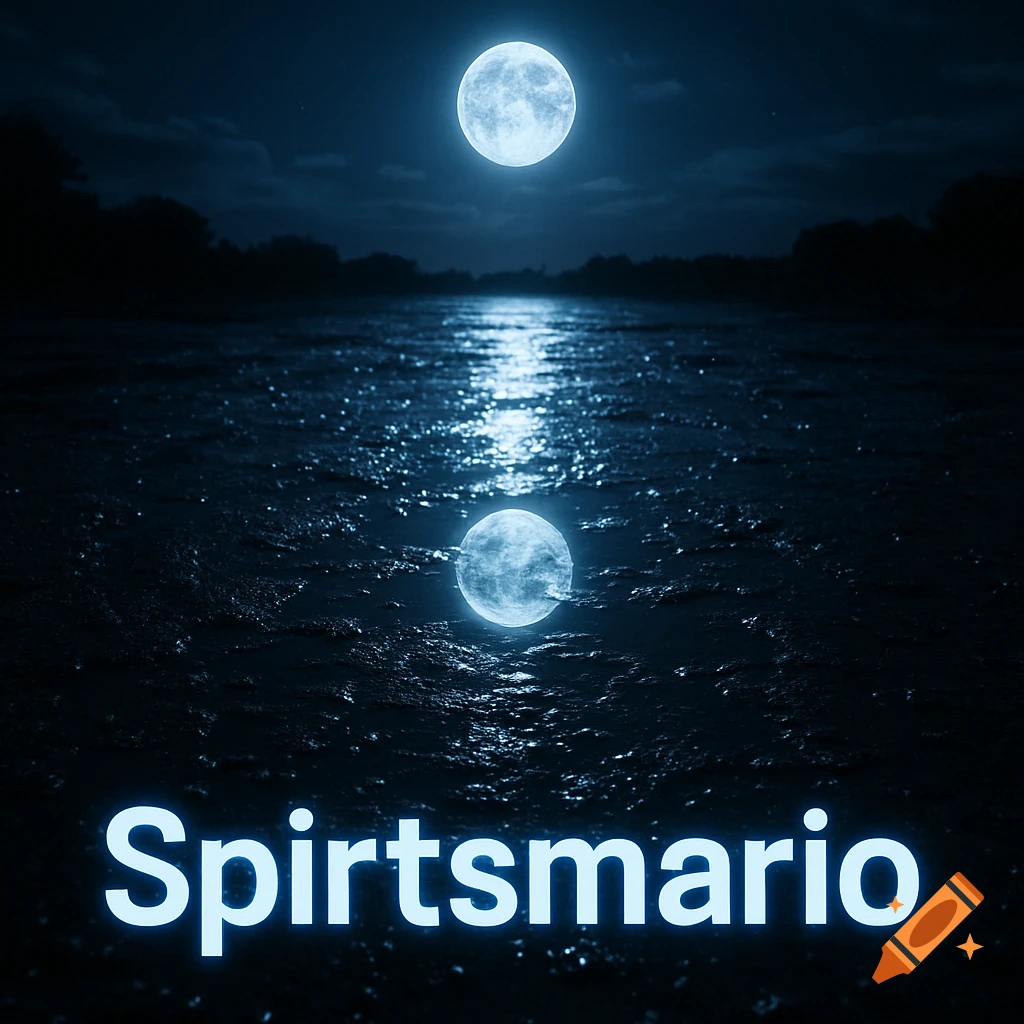 A glowing full moon in a dark night sky with its reflection and another glowing orb on wet ground, with 'Spirtsmario' text.