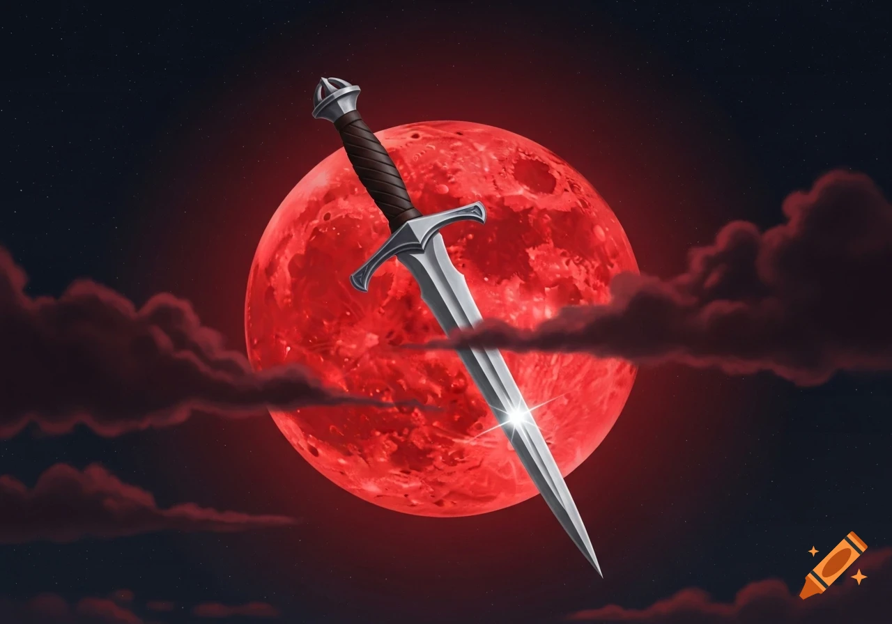 A stylized silver dagger piercing a vibrant red full moon with dark clouds in a starry night sky.