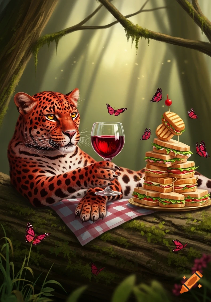 An illustrated leopard reclines on a picnic blanket in a forest, holding a wine glass next to a tall stack of sandwiches, with butterflies around.