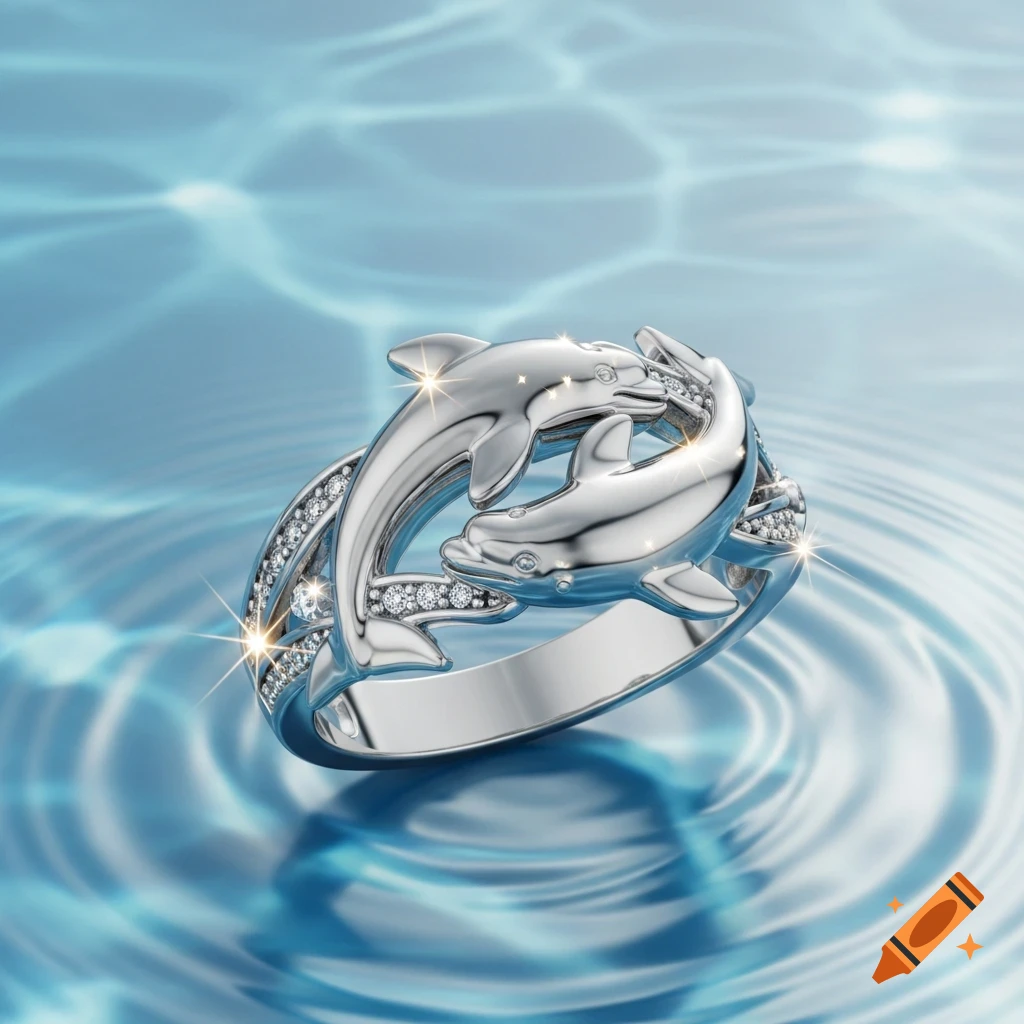 A gleaming silver ring featuring two intertwined dolphins adorned with sparkling diamonds, set against a serene blue water background with ripples.