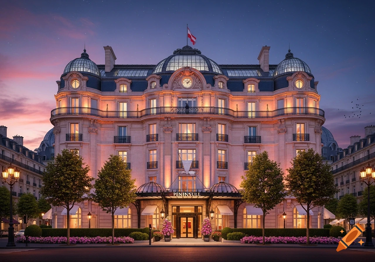 A grand, ornate hotel building, illuminated at dusk under a pink and blue starry sky.