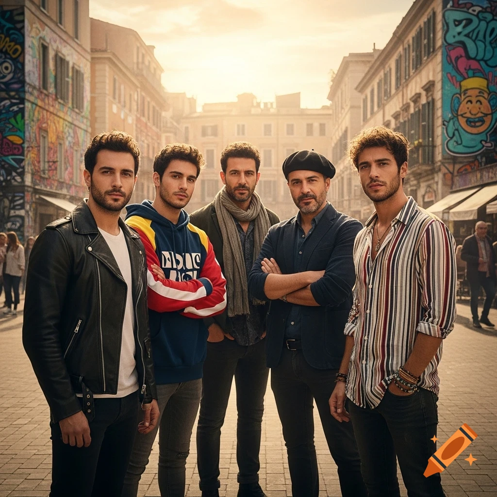 A group of five men standing on a city street lined with graffiti-covered buildings, looking directly at the camera in a photorealistic style.