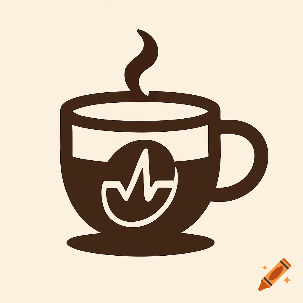 A brown and white flat design logo of a steaming coffee cup with a heartbeat line inside.