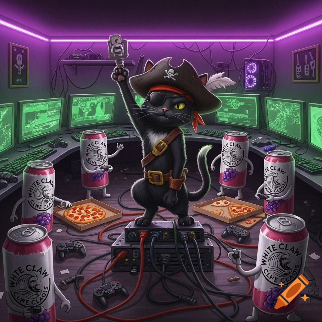 A cartoon black pirate cat with an eyepatch and hat stands on a server in a neon-lit room full of computer monitors, surrounded by animated White Claw cans and pizza boxes.