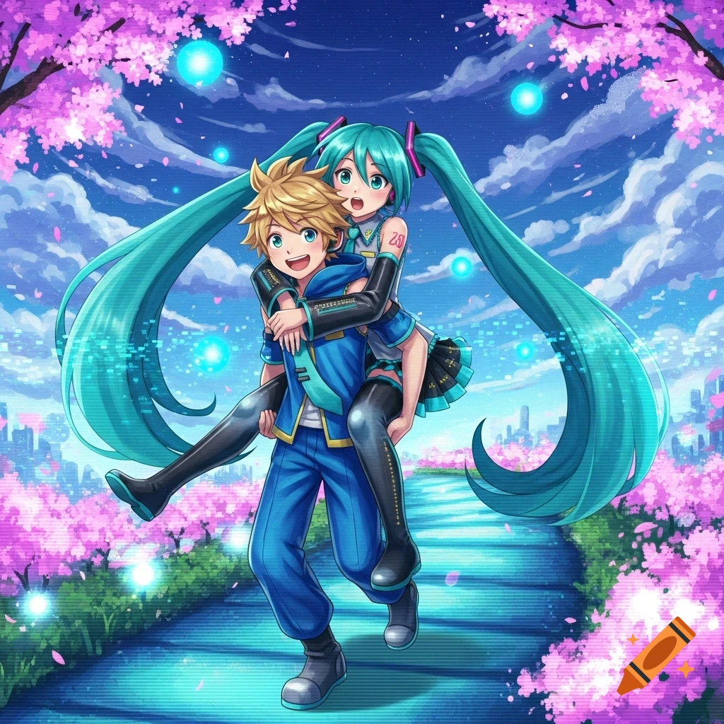 Kagamine Len gives Hatsune Miku a piggyback ride on a path lined with pink cherry blossoms, with a futuristic city in the background.