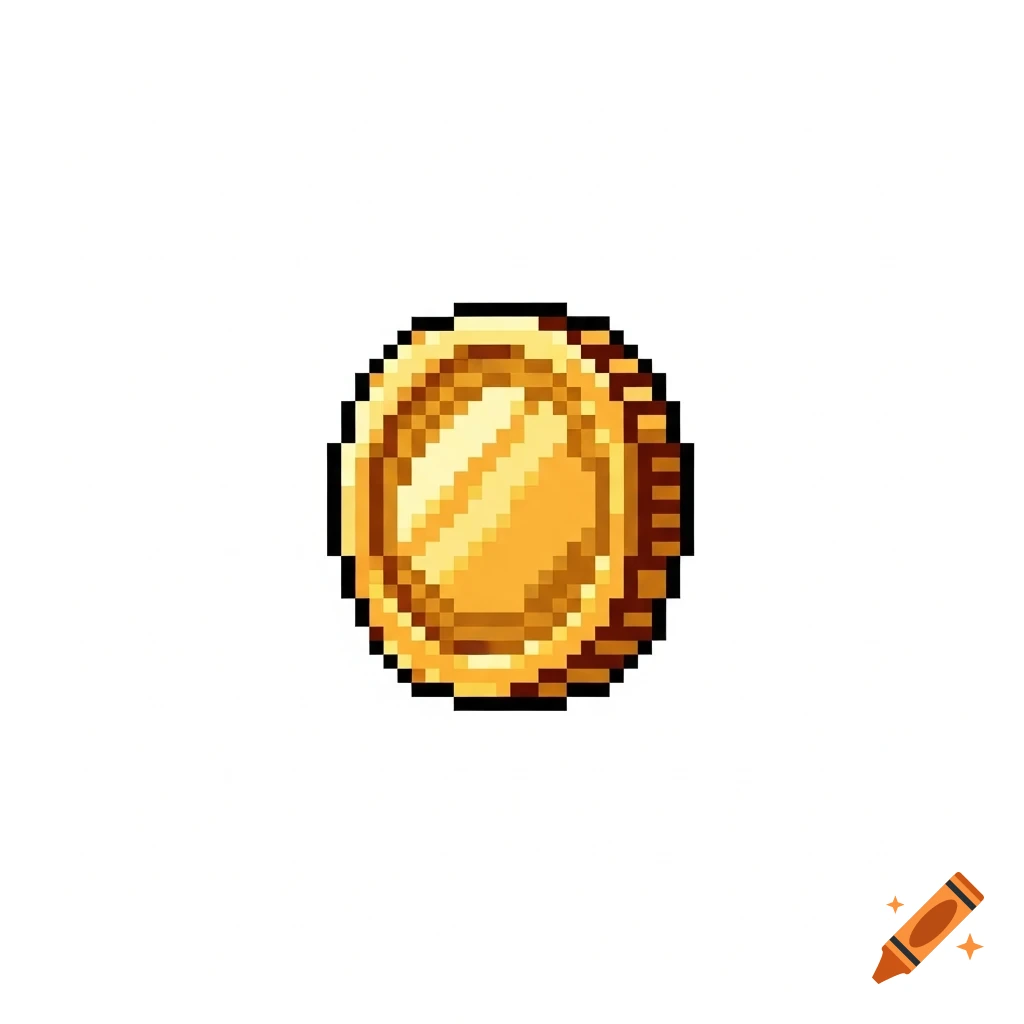 A pixel art golden coin, seen slightly from the side, on a white background.
