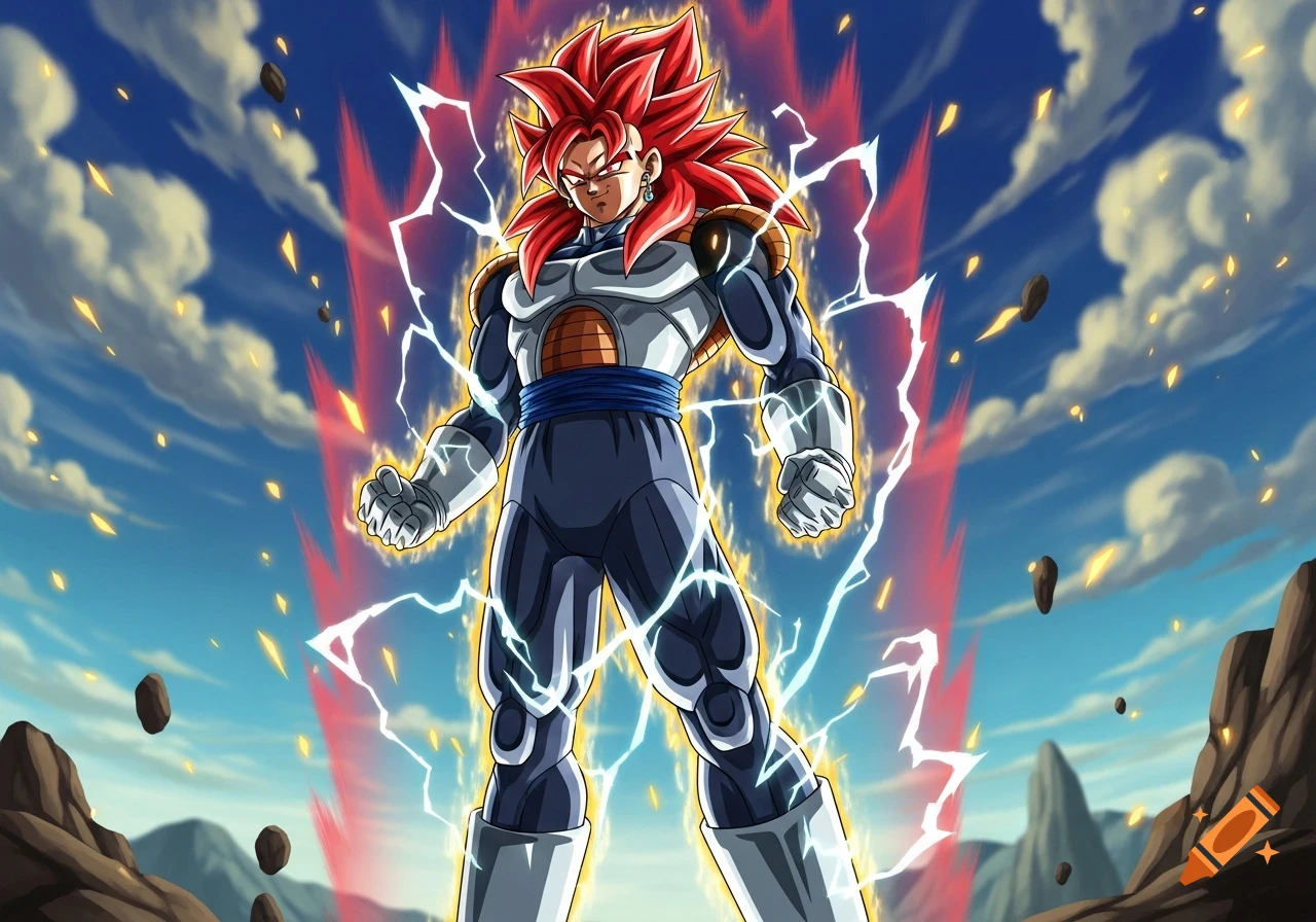 Powerful anime character with spiky red hair and battle armor, glowing with energy against a dynamic sky.