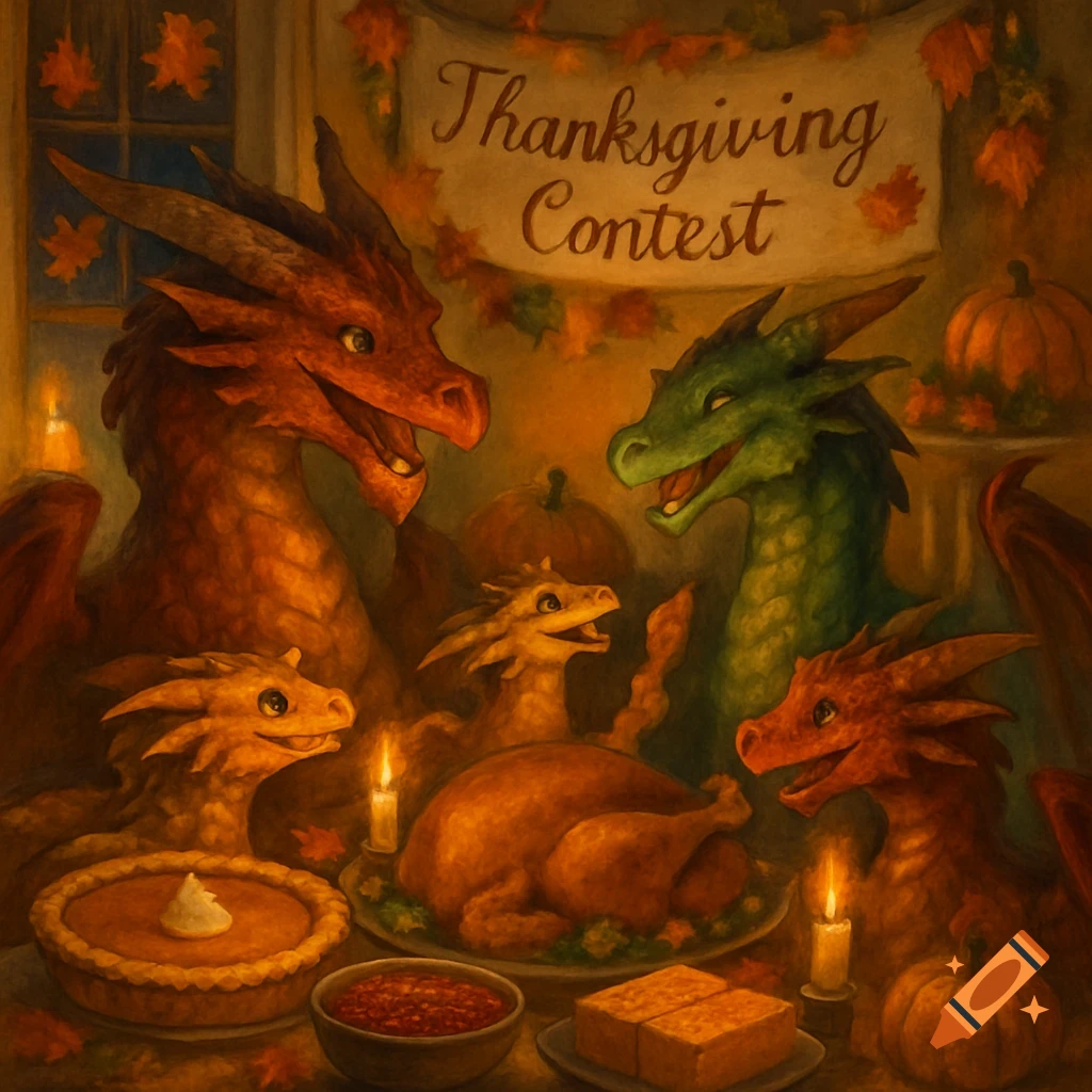 A family of dragons celebrates Thanksgiving with a roasted turkey, pumpkin pie, and a banner reading 'Thanksgiving Contest'.
