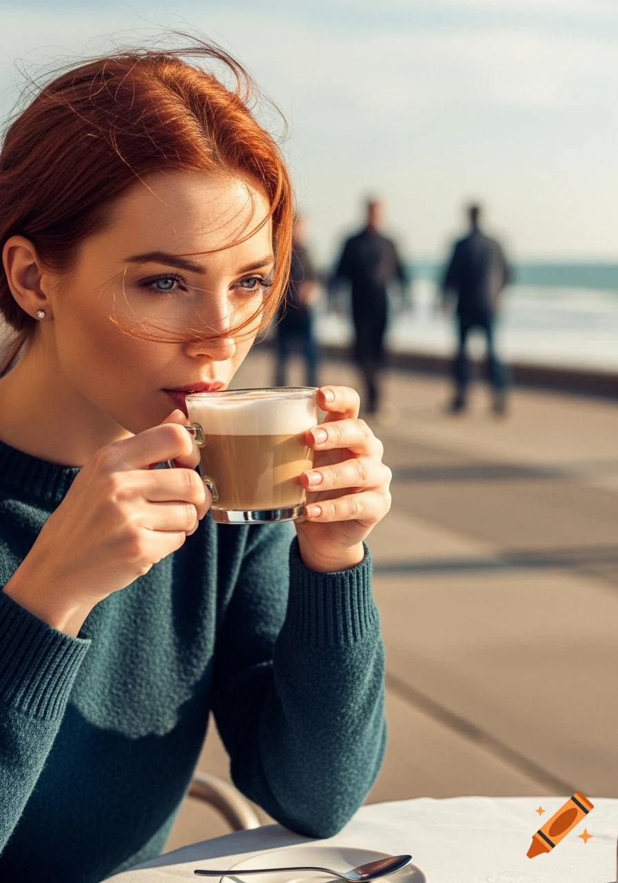 A redheaded woman drinks a cappuccino at a sunny seaside cafe, wind gently blowing her hair. Photorealistic.