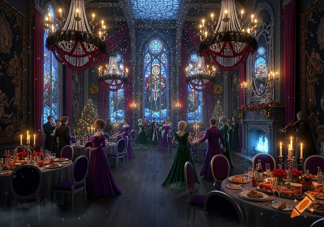 A grand Christmas party inside a gothic hall with stained glass windows, large chandeliers, and snow falling. Guests in formal wear mingle and dine.
