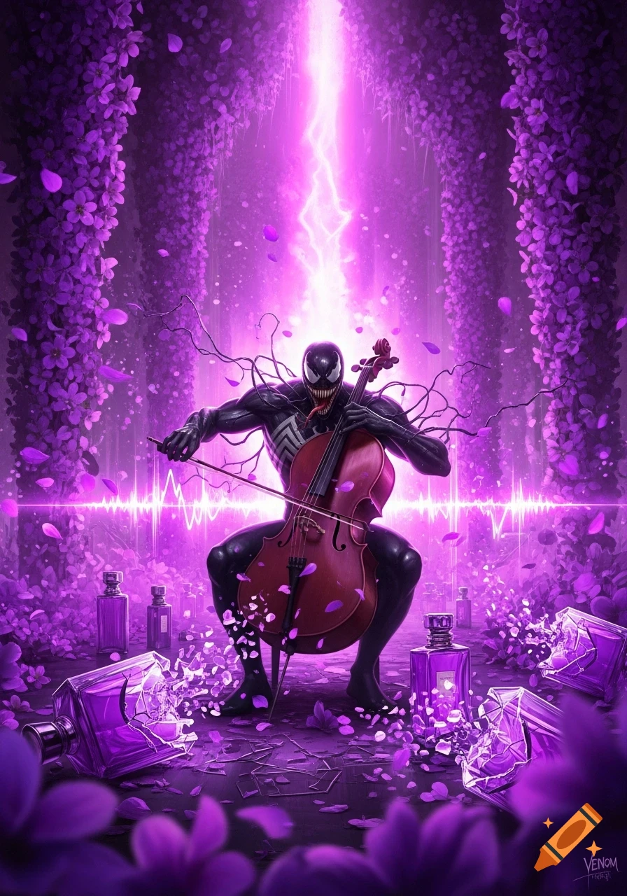 Venom plays a red cello amidst glowing purple vines and shattered perfume bottles in a fantastical, dark comic art style.