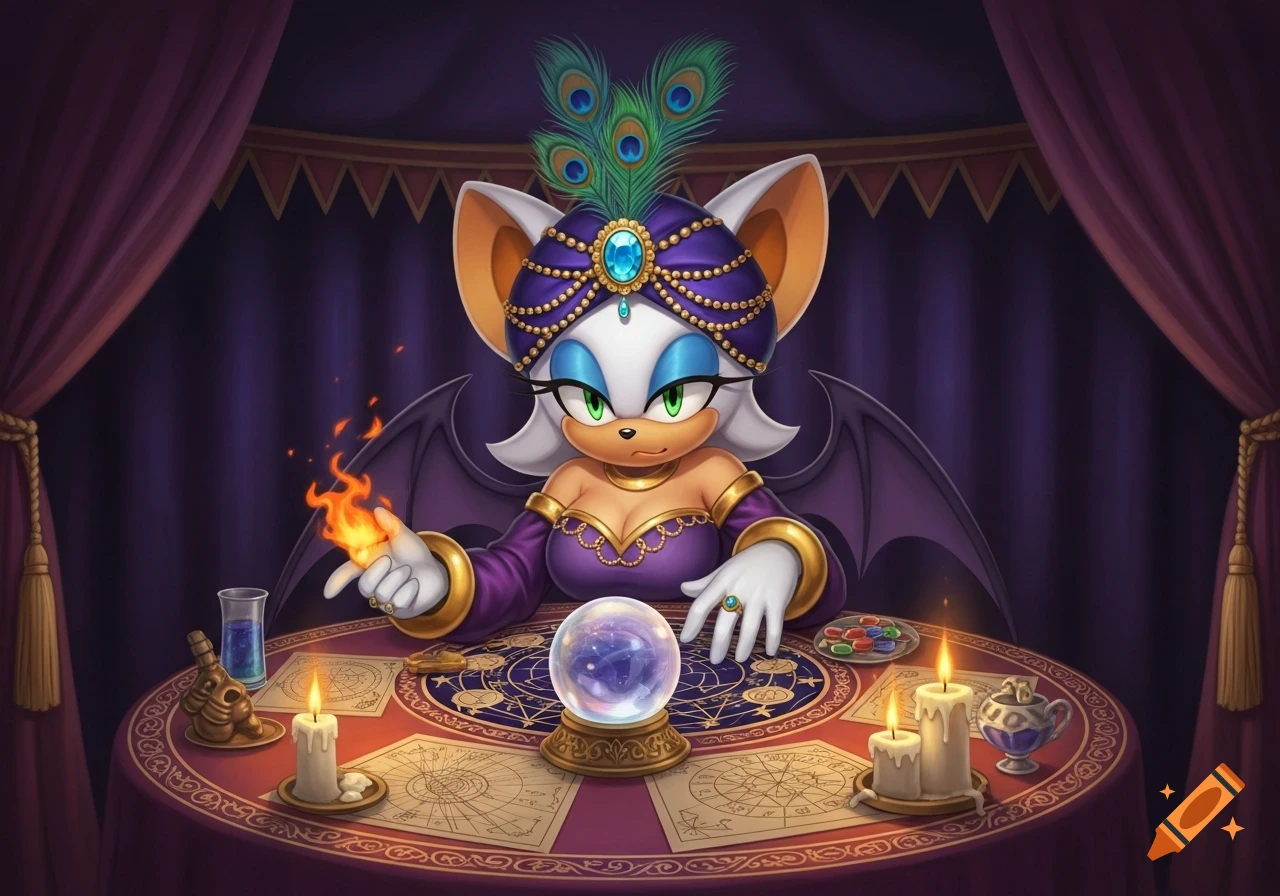 Rouge the Bat, dressed as a fortune teller in a purple turban with peacock feathers, holds fire in her hand while looking at a crystal ball on a mystical table.