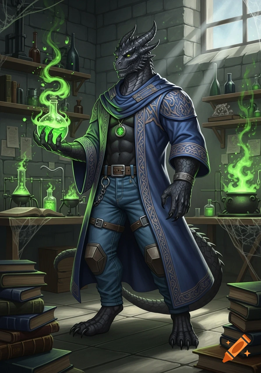 A black dragonborn wizard in a blue robe and jeans holds a glowing green flask in a magical alchemy lab.