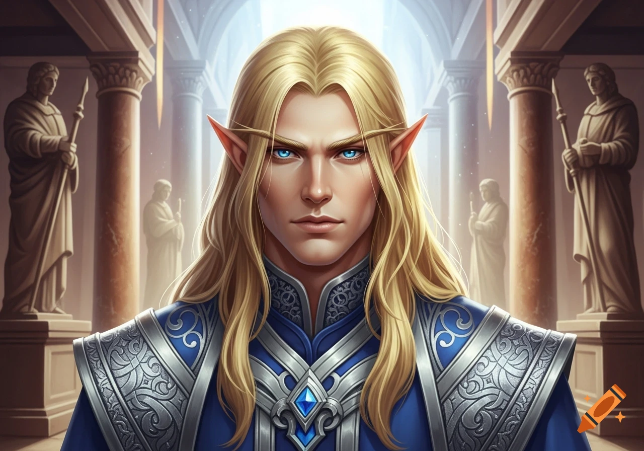 Handsome male elf with long blonde hair, blue eyes, and pointed ears, wearing a blue and silver fantasy robe in a temple.