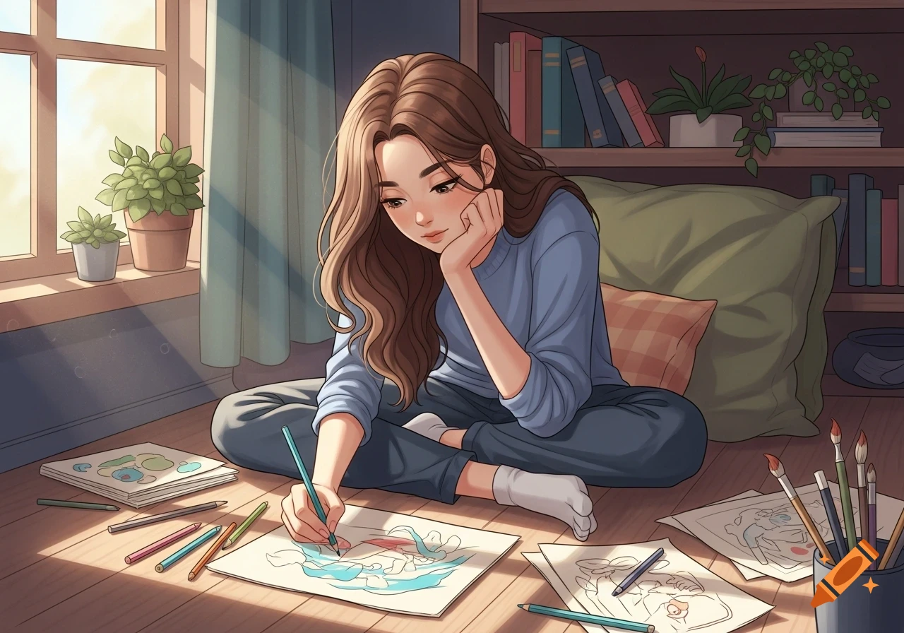 A cartoon girl with long brown hair sits on a wooden floor, drawing on paper with colored pencils by a sunlit window.
