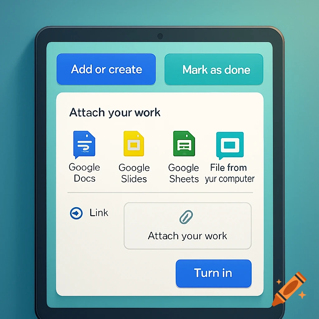 A tablet displays a Google Classroom-like interface for attaching work, showing options like Google Docs, Slides, Sheets, and a 'Turn in' button.