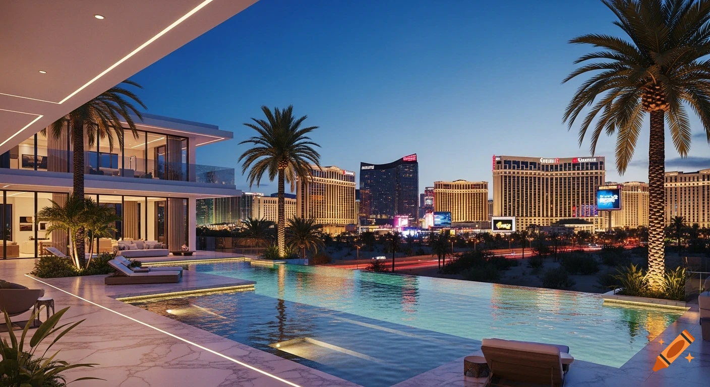 Ultra-luxurious Las Vegas mega mansion with an infinity pool and marble terrace, overlooking a vibrant city skyline at night.