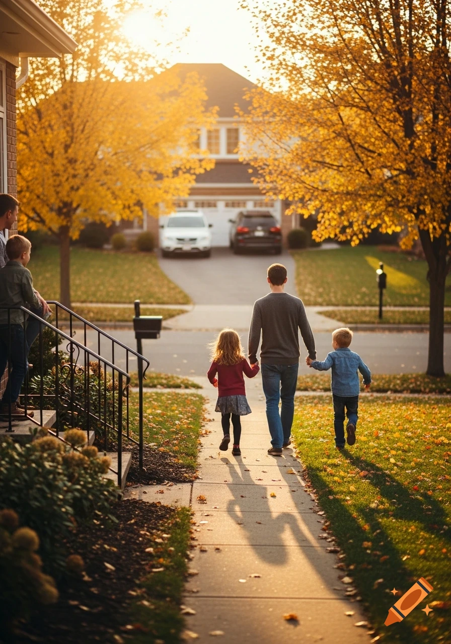A father holding hands with a young girl and boy, walking away on a sunlit sidewalk lined with autumn leaves and trees.
