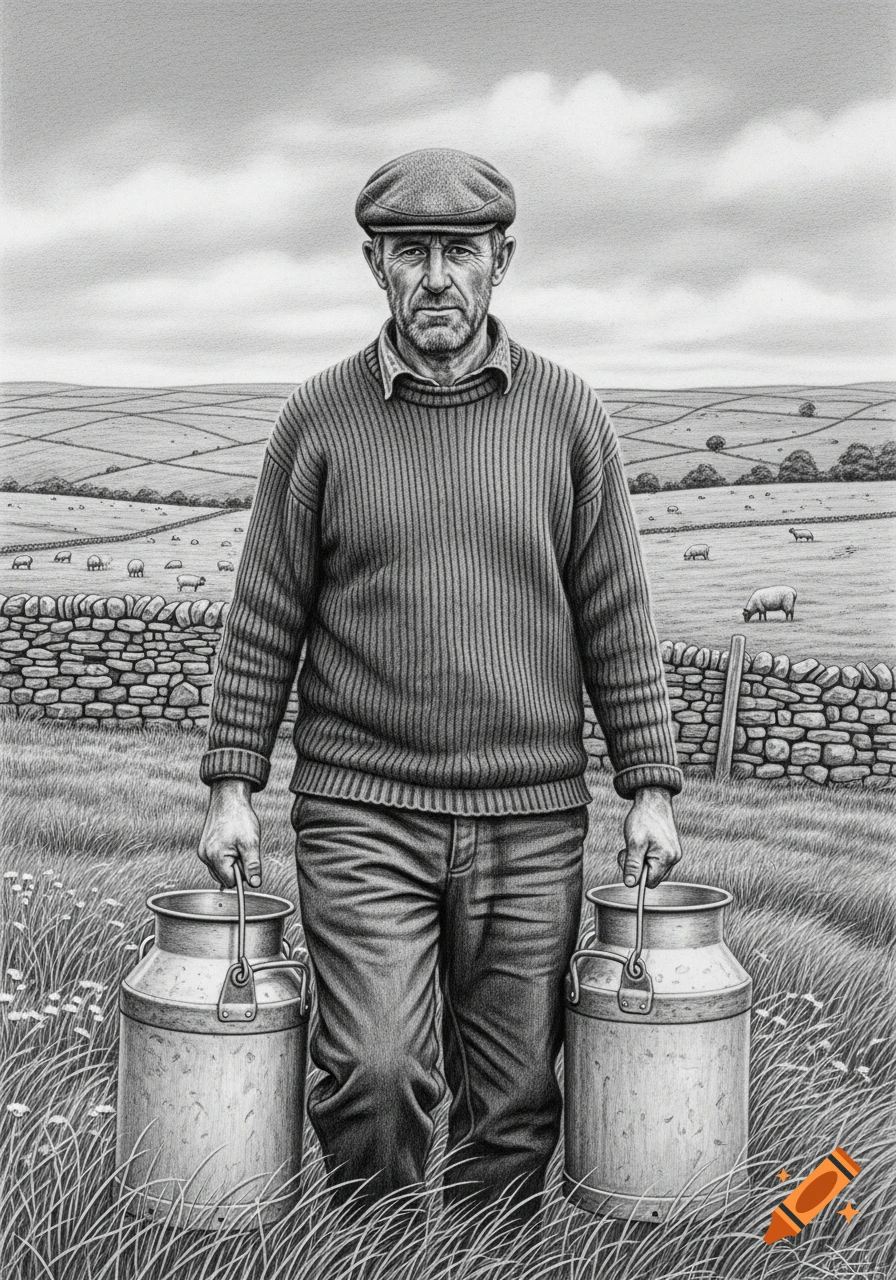 Pencil drawing of a Yorkshire farmer in a cap and sweater holding two milk cans in a field with stone walls and sheep.