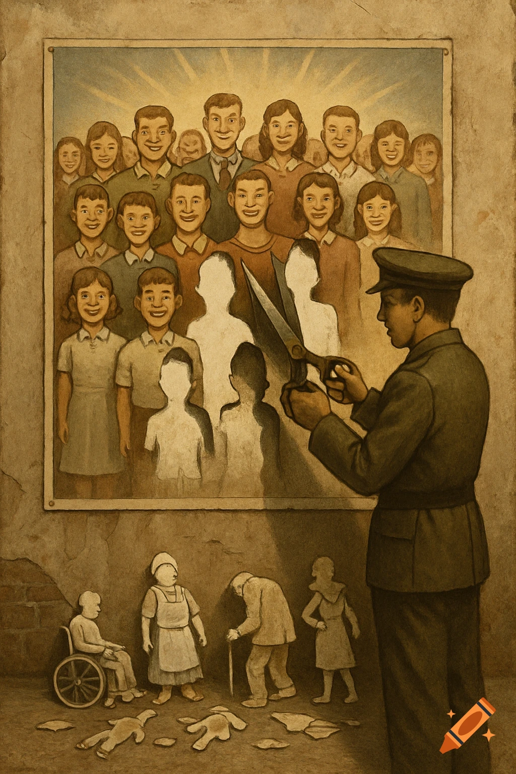 A uniformed man cuts figures from a propaganda poster depicting a smiling crowd; cut figures (e.g., in a wheelchair, elderly) lie on the ground. Stylized illustration.