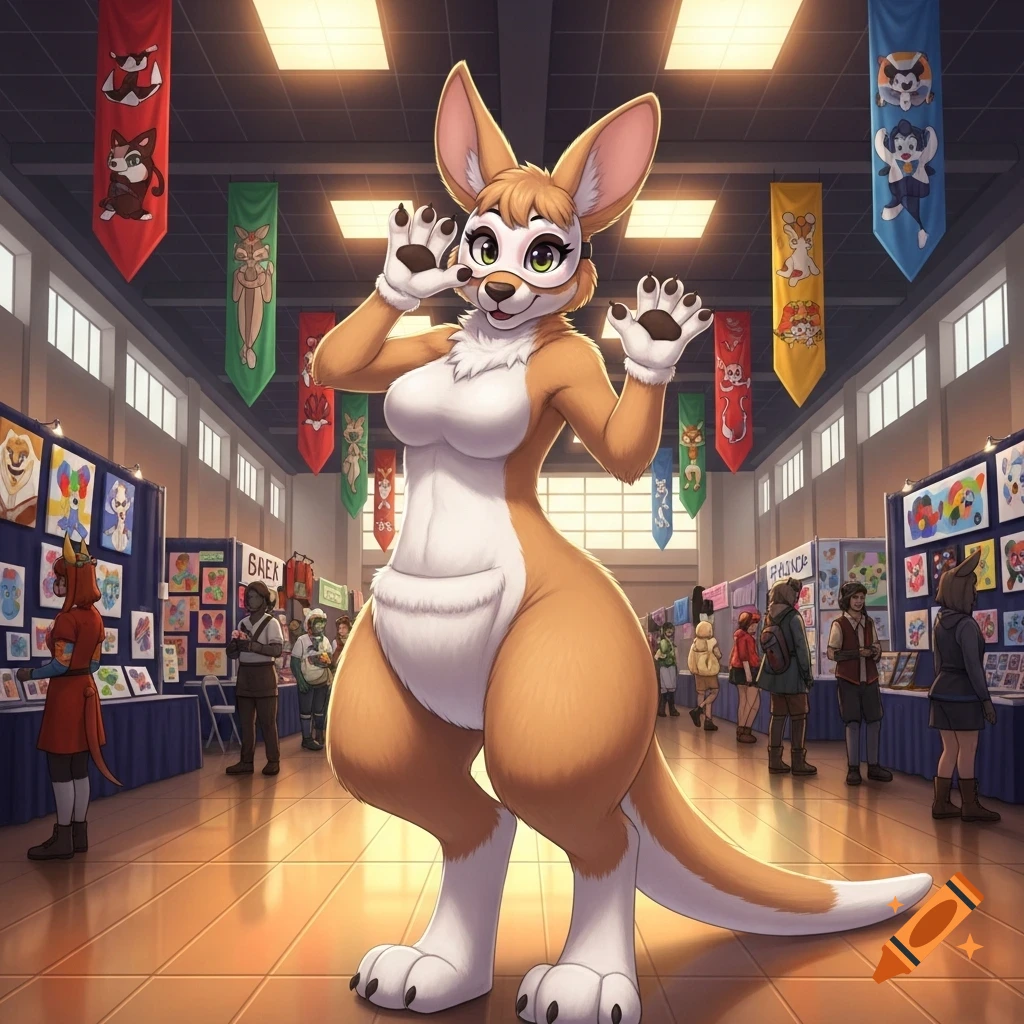 A cartoon-style kangaroo in a fursuit poses in a brightly lit convention hall, surrounded by art booths.