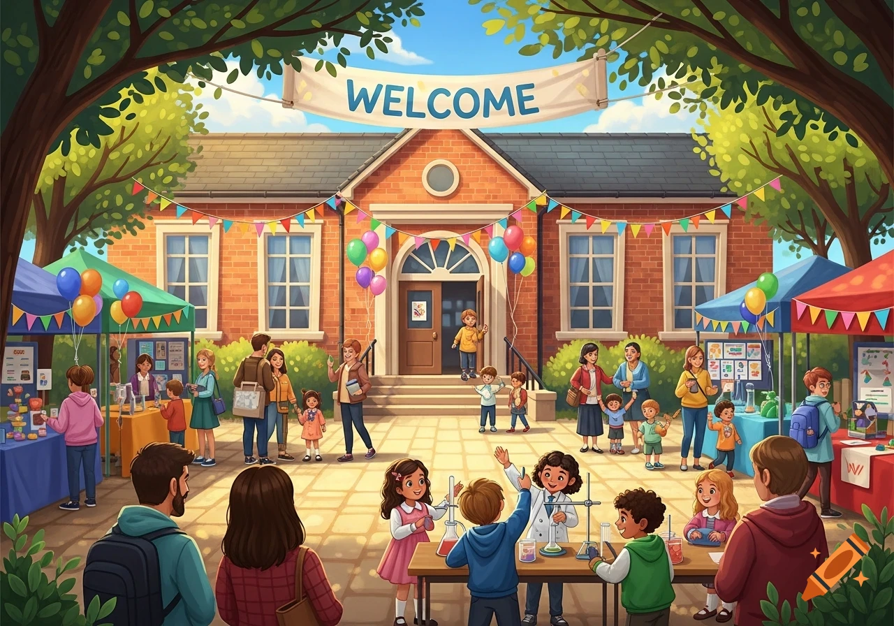 Colorful illustration of a primary school open day, with children and adults interacting near stalls and a 'WELCOME' banner.