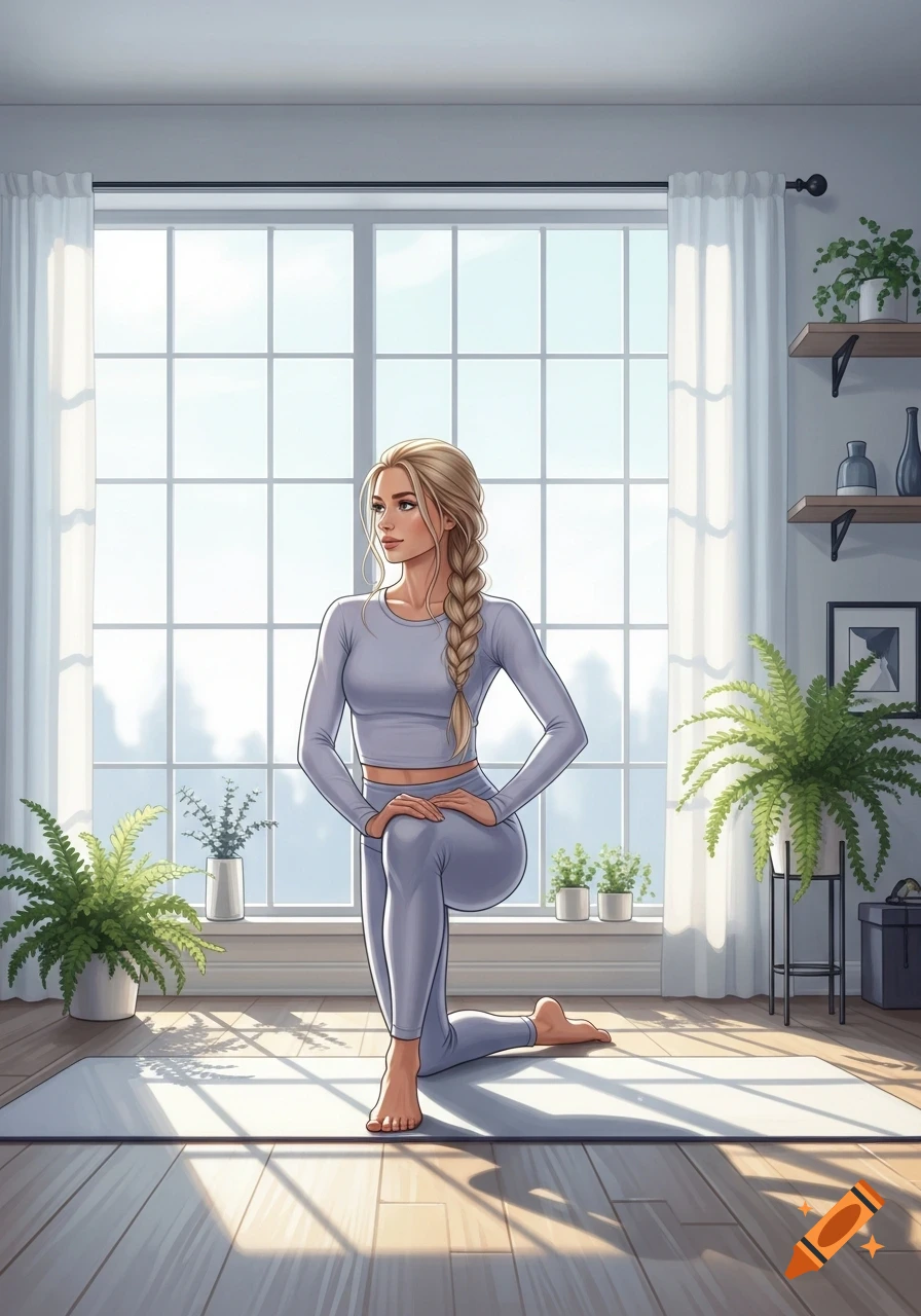 Illustrated blonde woman in athletic wear performing a lunge on a yoga mat in a sunlit room with plants.