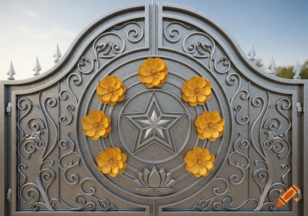 A close-up of a silver wrought iron gate decorated with seven golden amaltas flowers, a central star, and a lotus symbol.