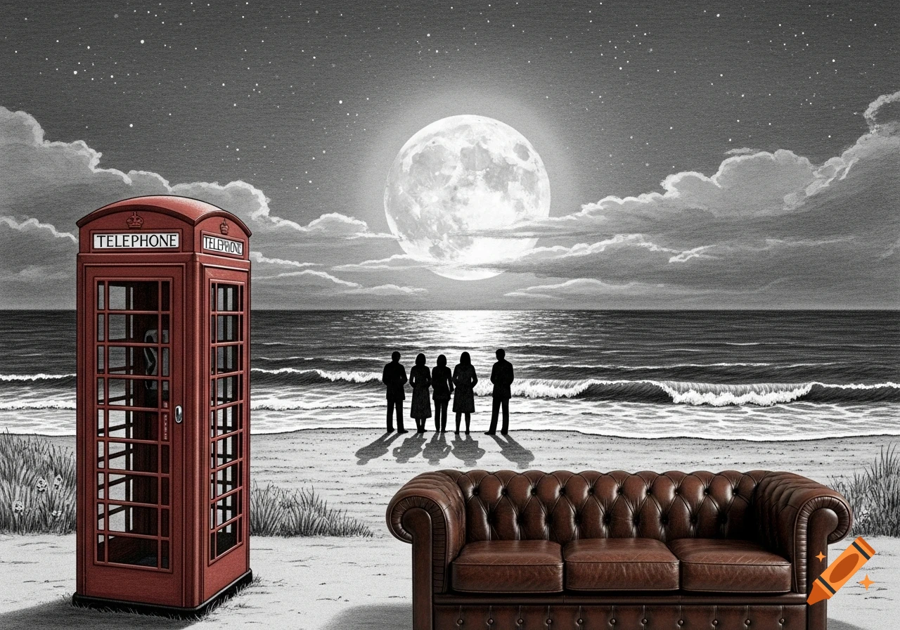 A monochromatic sketch of a full moon over a beach with five silhouettes, a red telephone booth, and a brown leather couch.